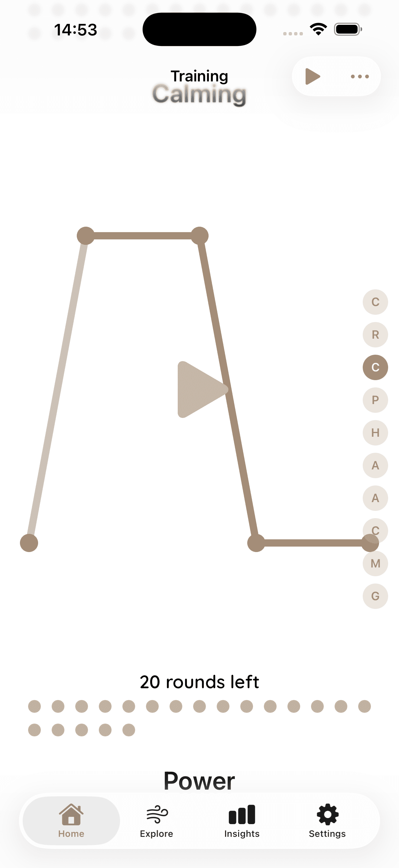 Pranayama Home — Calming pattern training, 20 rounds left.